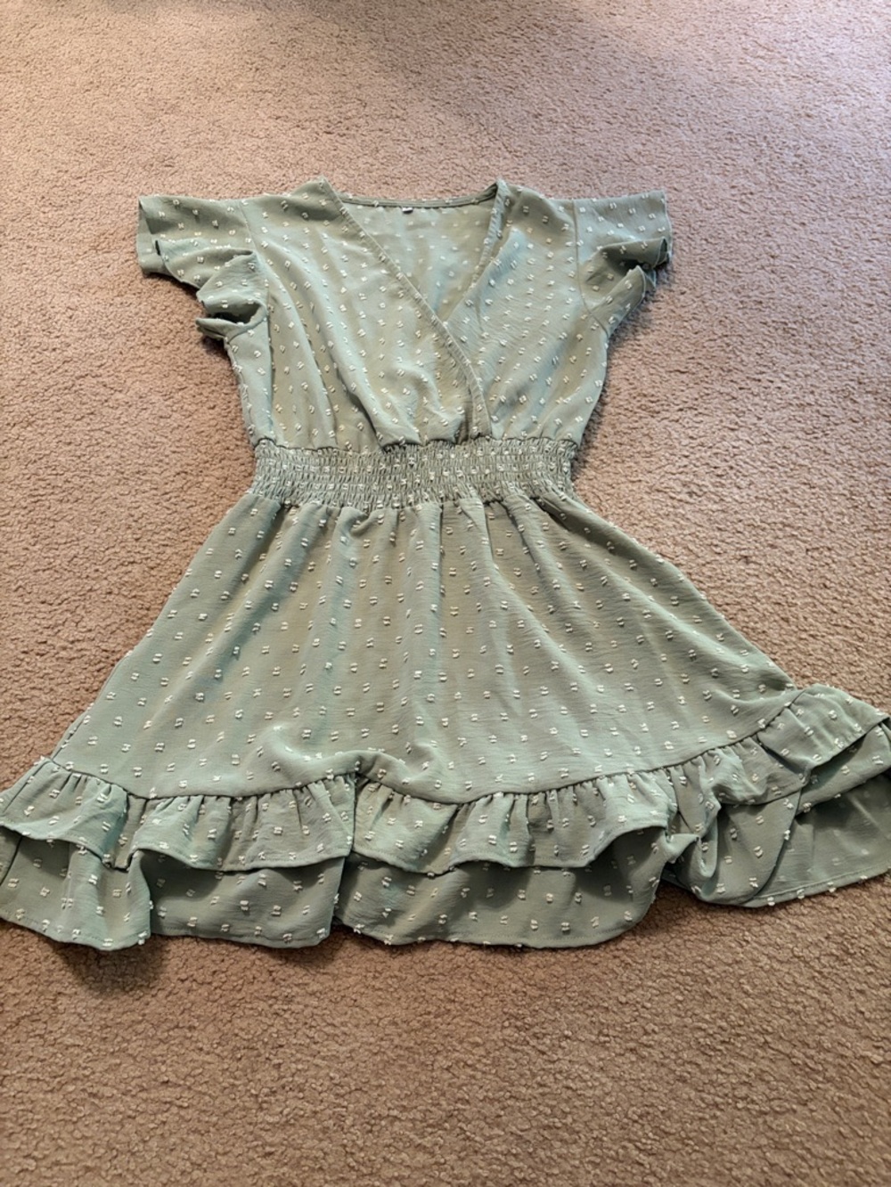 SHEIN Sage Green Smocked-Waist Ruffle Dress
